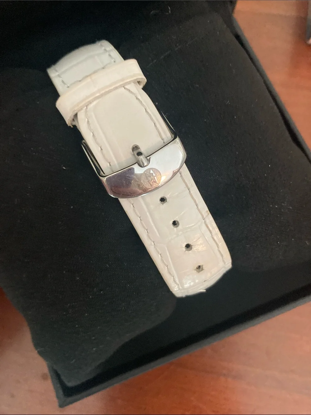 Michele Rose Gold Square Watch with White Strap and Pink Accents